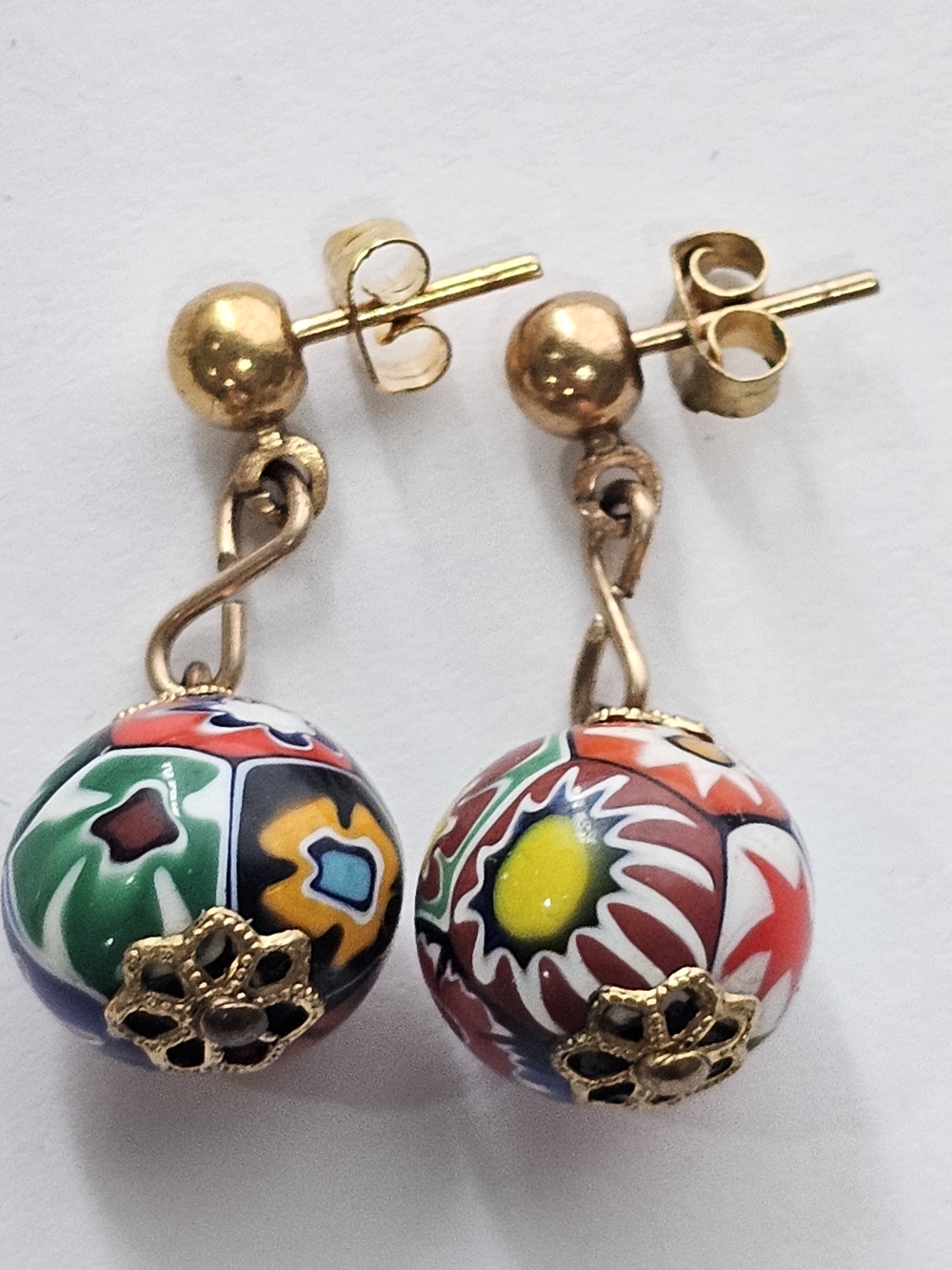 Gold-Tone Multicolor Millefiori Glass Drop Earrings. Murano ~ Vtg Pierced